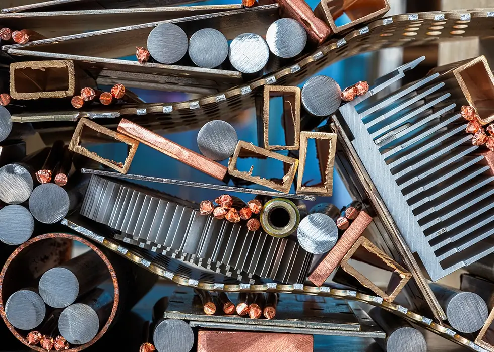 Haufen von Nichteisenmetall- und Stahlabfällen und -komponenten, die zum Recycling bestimmt sind.